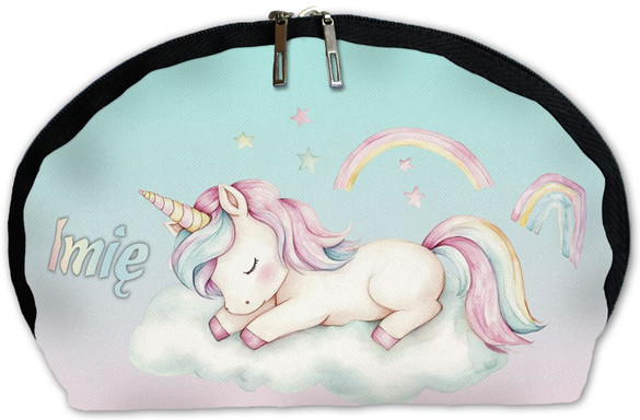 Kosmetyczka Jednorożec śpiący na chmurce – pastelowa, personalizowana dla dziecka