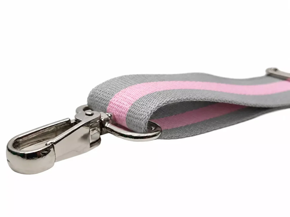 Srebrny metalowy karabińczyk paska do torby w paski różowo-szary 38 mm