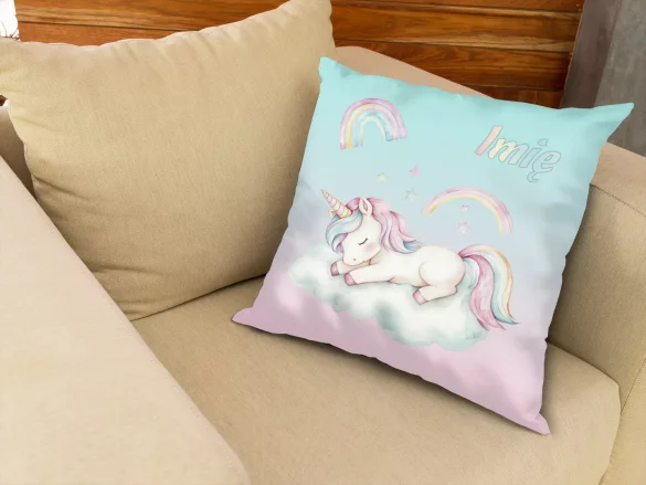 Poduszka Jednorożec śpiący na chmurce – pastelowa, personalizowana dla dziecka 40x40cm