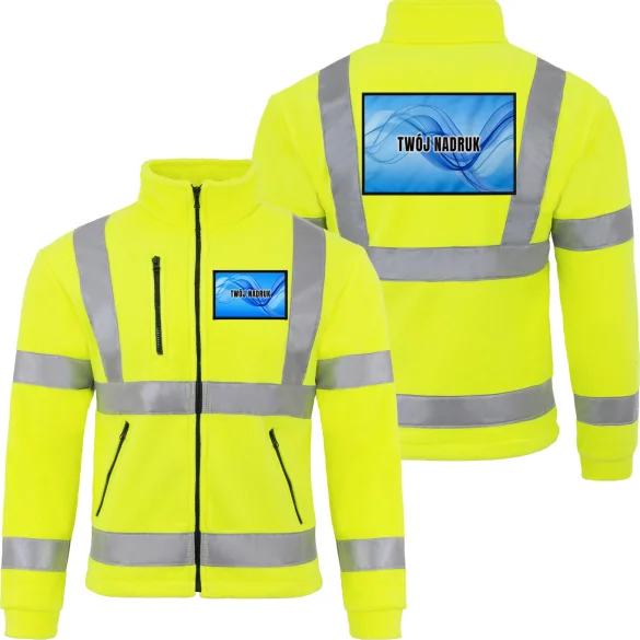 Polar fluorescencyjny żółty z własnym nadrukiem i elementami odblaskowymi – widok produktu z przodu i z tyłu