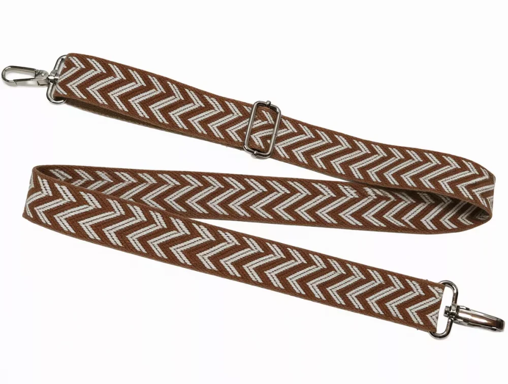 Pasek do torby w jodełkę beżowo-brązowy 38 mm z regulacją długości 76–134 cm i dwoma karabińczykami