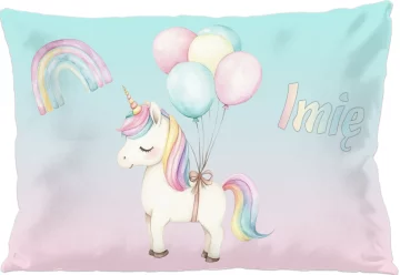 Poduszka Jednorożec z balonami – pastelowa, z imieniem, prezent dla dziewczynki 60x40cm