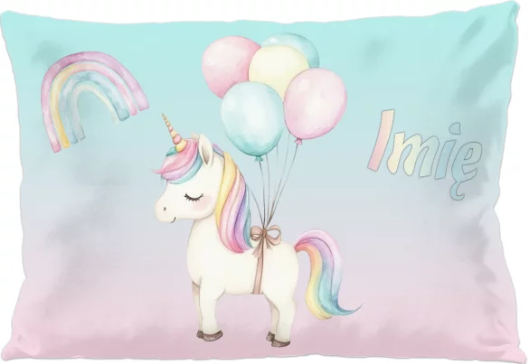Poduszka Jednorożec z balonami – pastelowa, z imieniem, prezent dla dziewczynki 60x40cm
