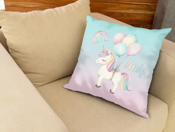 Poduszka Jednorożec z balonami – pastelowa, z imieniem, prezent dla dziewczynki 40x40cm