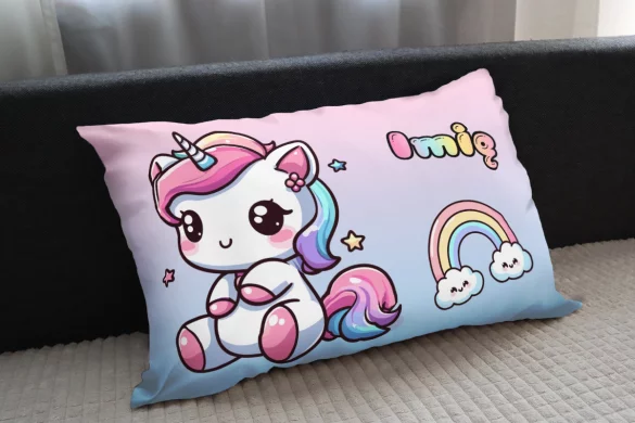 Poduszka Jednorożec Kawaii z tęczą – słodki styl, idealna dla dziewczynki 60x40cm