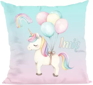 Poduszka Jednorożec z balonami – pastelowa, z imieniem, prezent dla dziewczynki 40x40cm