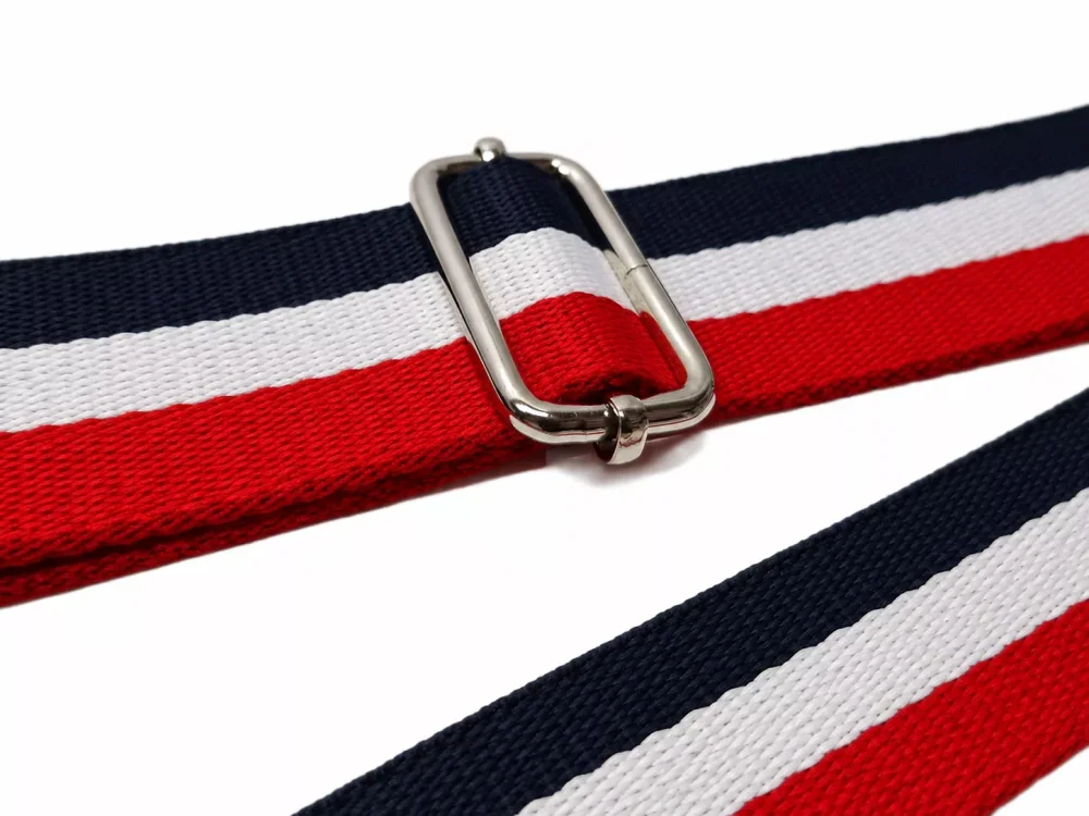 Metalowa przesuwka do regulacji długości paska do torby w paski czerwono-biało-granatowy 38 mm