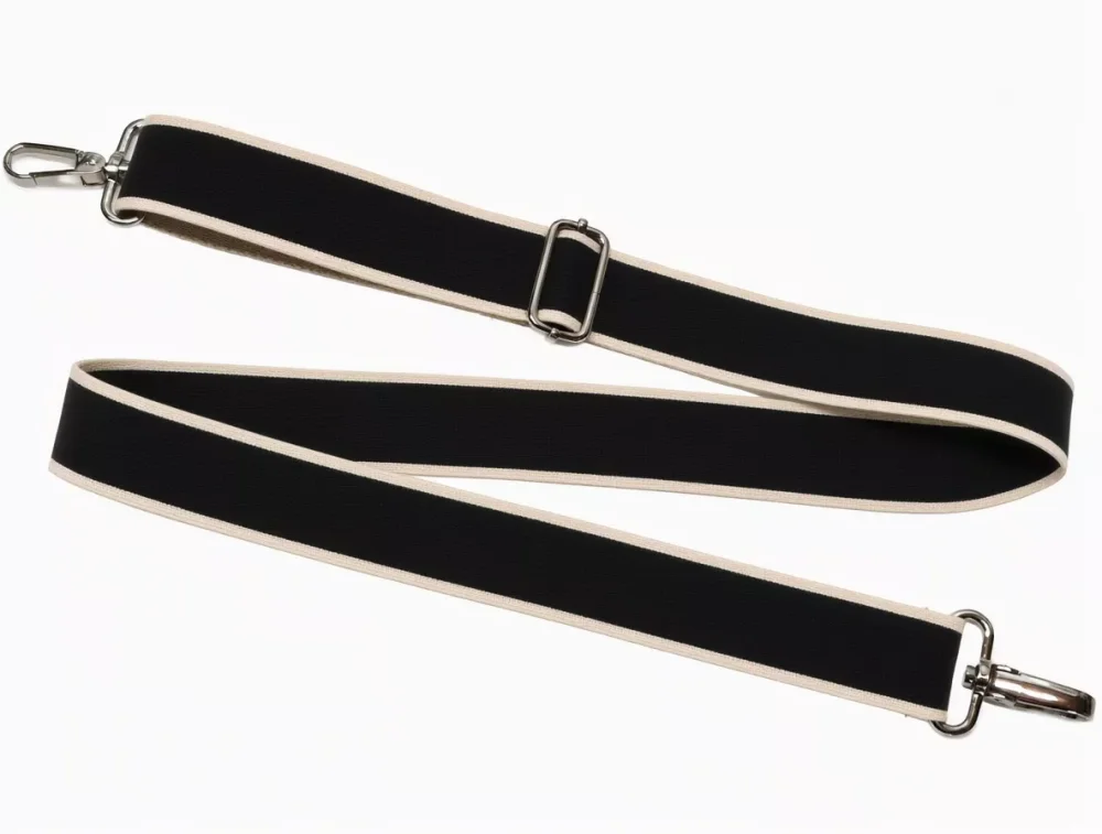 Pasek do torby czarny z jasnobeżowymi brzegami 38 mm z regulacją długości 76–134 cm i dwoma karabińczykami