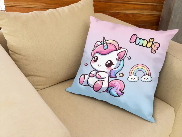 Poduszka Jednorożec Kawaii z tęczą – słodki styl, idealna dla dziewczynki 40x40cm