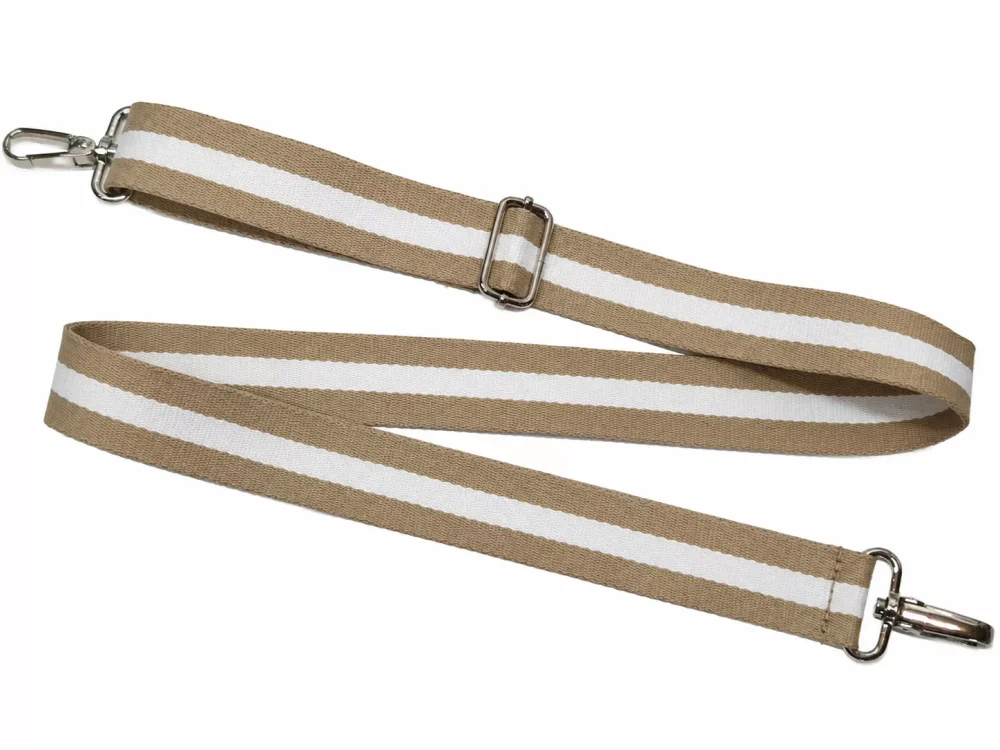Pasek do torby w paski biało-beżowy 38 mm z regulacją długości 76–134 cm i dwoma karabińczykami