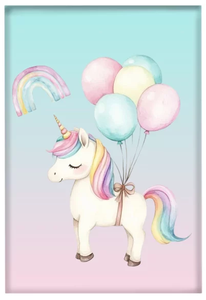 Magnes Jednorożec z balonami – pastelowa, z imieniem, prezent dla dziewczynki