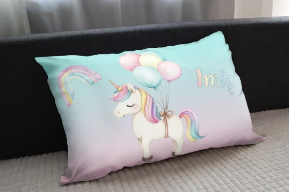 Poduszka Jednorożec z balonami – pastelowa, z imieniem, prezent dla dziewczynki 60x40cm
