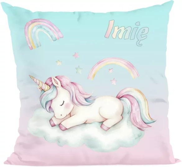 Poduszka Jednorożec śpiący na chmurce – pastelowa, personalizowana dla dziecka 40x40cm