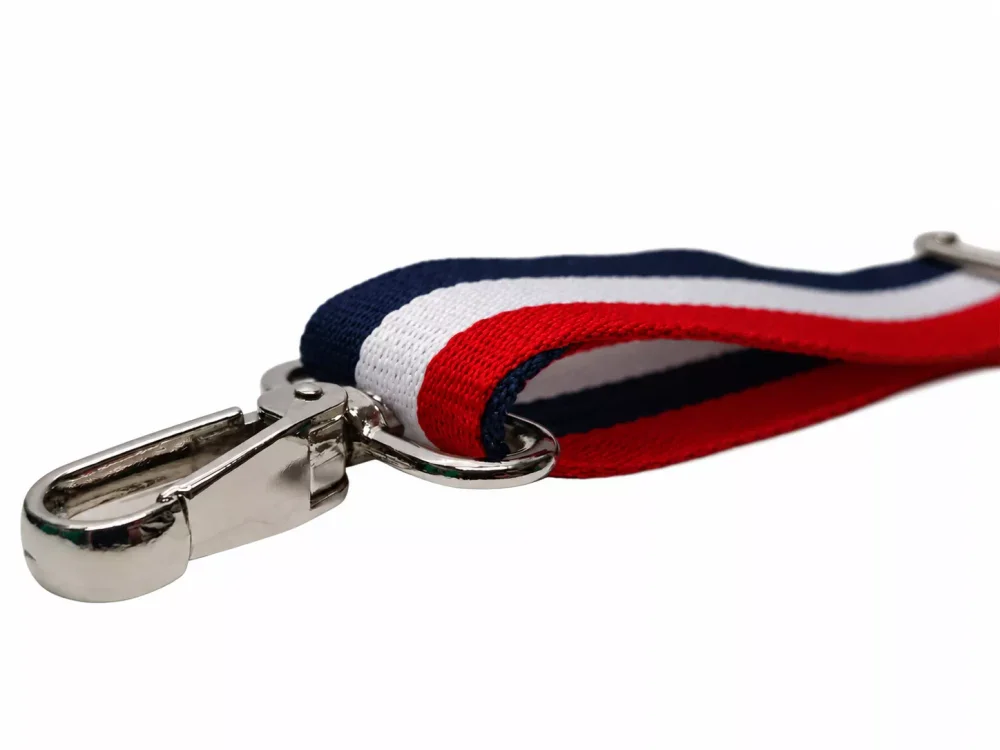 Srebrny metalowy karabińczyk paska do torby w paski czerwono-biało-granatowy 38 mm