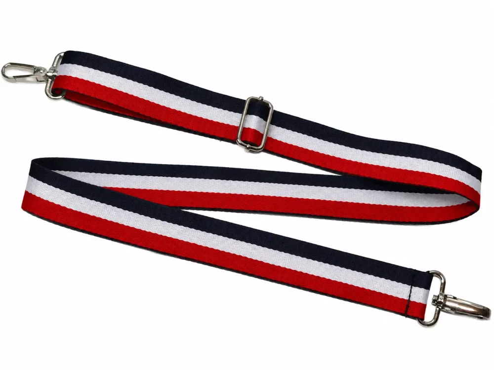 Pasek do torby w paski czerwono-biało-granatowy 38 mm z regulacją długości 76–134 cm i dwoma karabińczykami