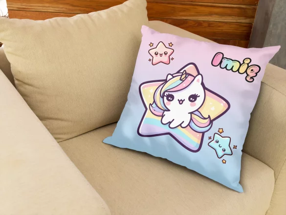 Poduszka Jednorożec Kawaii z tęczą – personalizowana, prezent dla dziecka 40x40cm
